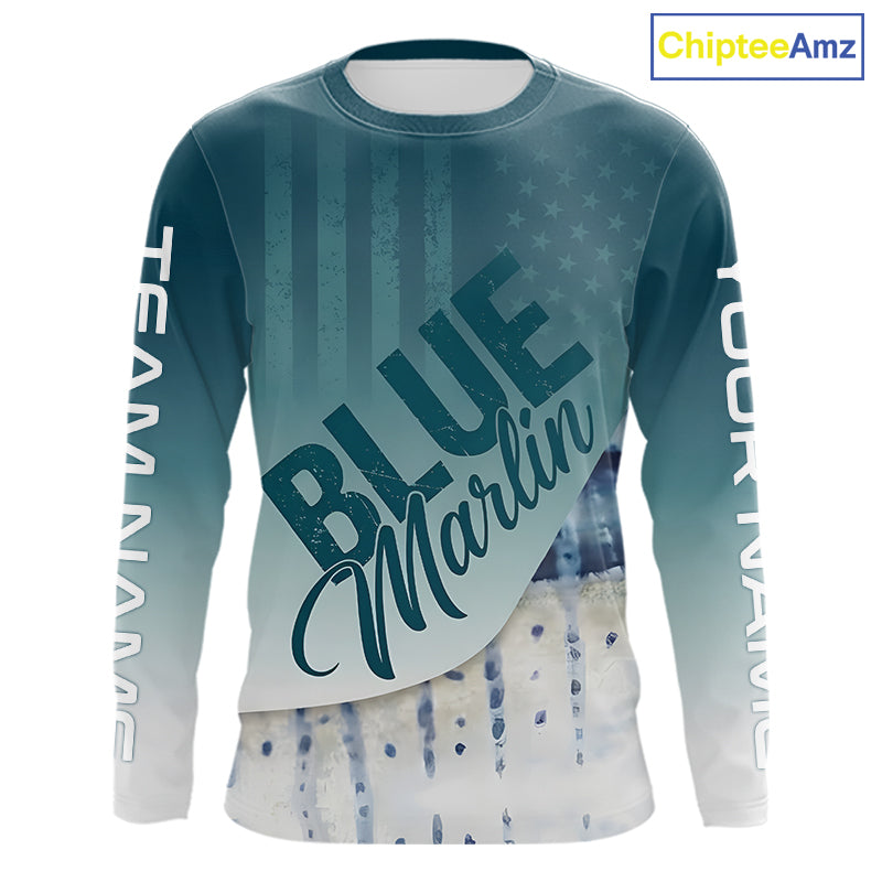 Front view of personalized American Flag Marlin long sleeve fishing shirt with patriotic design