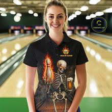 Load image into Gallery viewer, Bowler wearing black and orange fire flame beer skull bowling shirt on the lanes