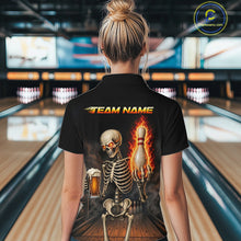 Load image into Gallery viewer, Bowler wearing black and orange fire flame beer skull bowling shirt on the lanes - back view