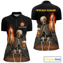 Load image into Gallery viewer, Front and back view of black and orange fire flame beer skull bowling quarter zip jersey for women
