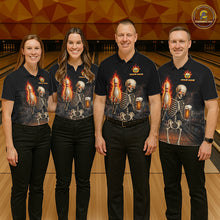Load image into Gallery viewer, Black &amp; Orange Fire Flame Beer Skull Bowling Shirts For Men Custom Skull Team Bowling Jerseys NBT885