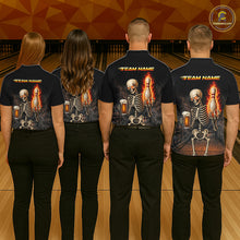 Load image into Gallery viewer, Bowling team wearing matching black and orange fire flame beer skull custom jerseys