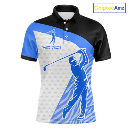 Blue Zebra Pattern Mens Golf Polo Shirts Custom Name Gift For Golf Lovers NBT582