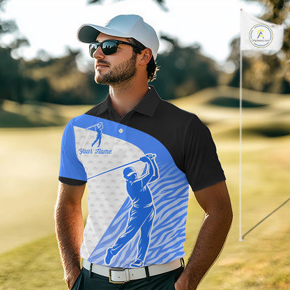 Blue Zebra Pattern Mens Golf Polo Shirts Custom Name Gift For Golf Lovers NBT582