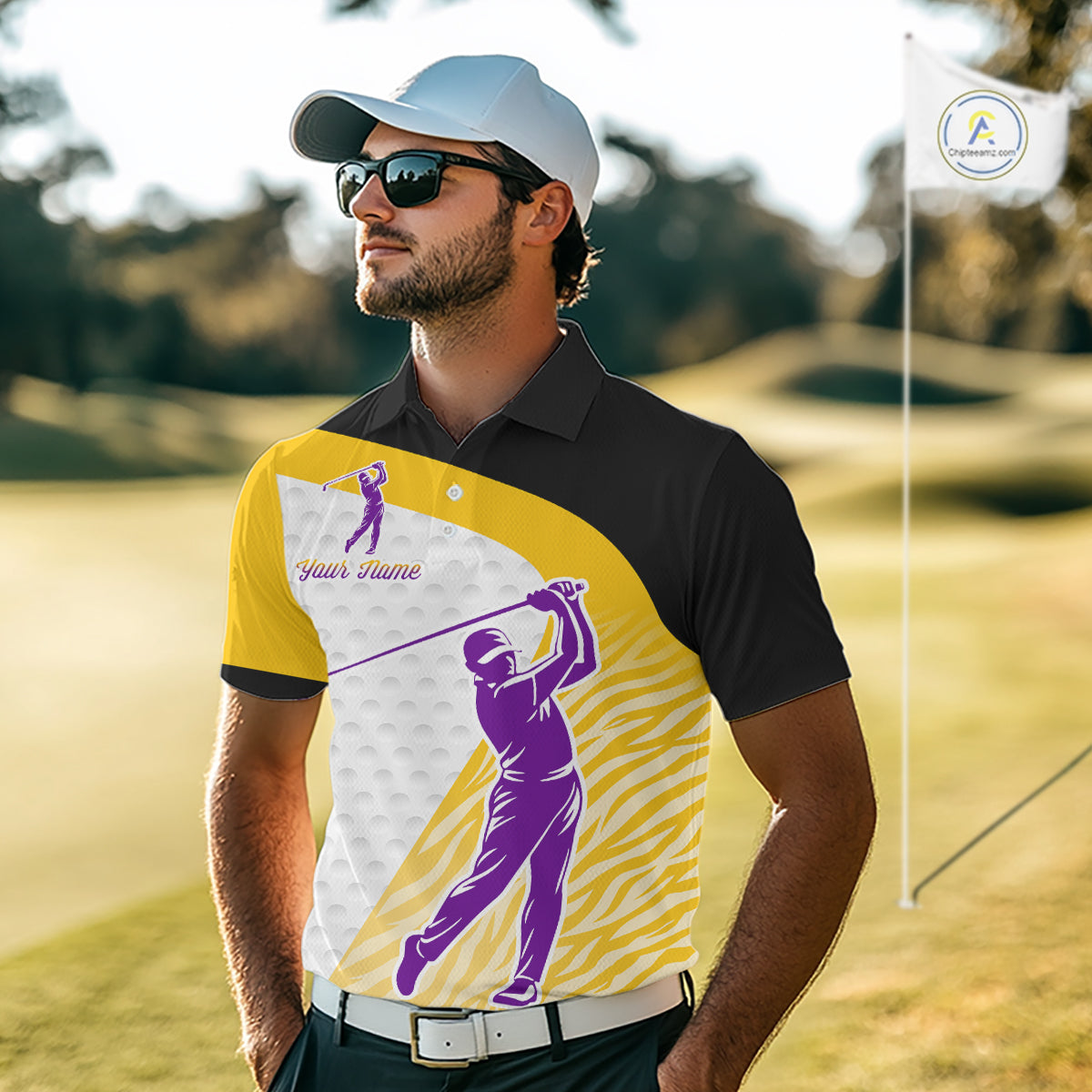 Yellow & Purple  Zebra Pattern Mens Golf Polo Shirts Custom Name Gift For Golf Lovers NBT583