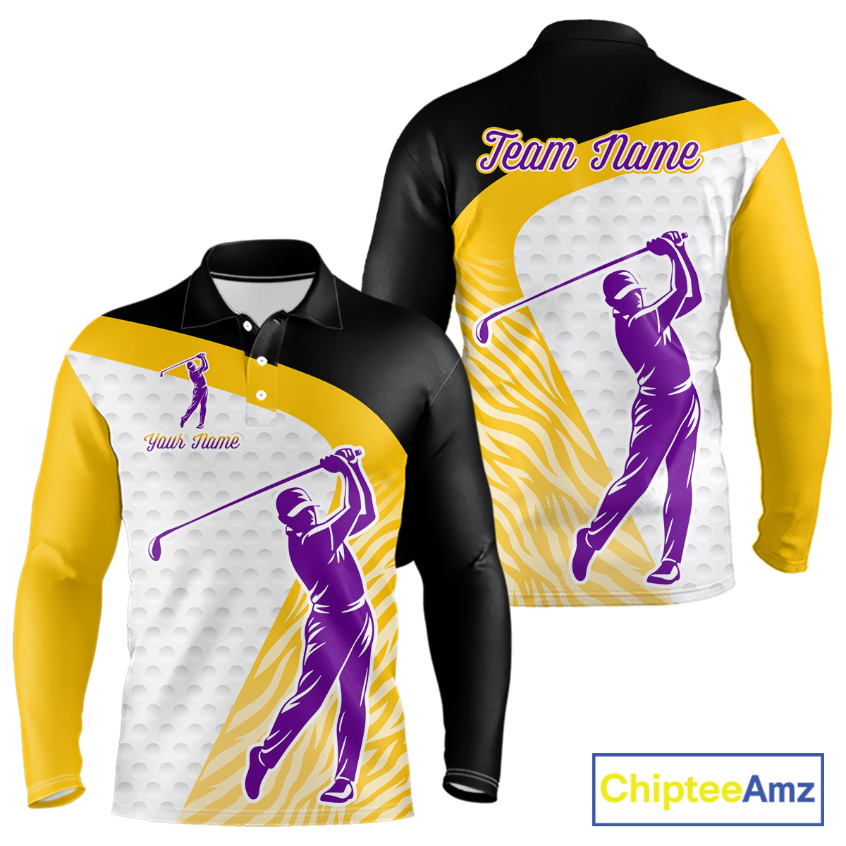 Yellow & Purple  Zebra Pattern Mens Golf Polo Shirts Custom Name Gift For Golf Lovers NBT583