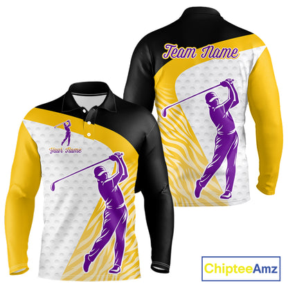 Yellow & Purple  Zebra Pattern Mens Golf Polo Shirts Custom Name Gift For Golf Lovers NBT583