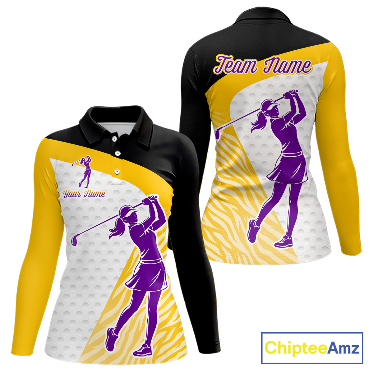 Yellow & Purple  Zebra Pattern Womens Golf Polo Shirts Custom Name Gift For Golf Lovers NBT583