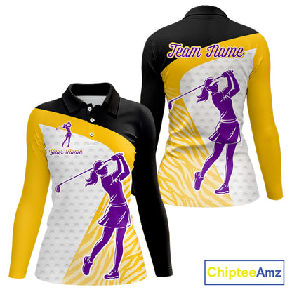 Yellow & Purple  Zebra Pattern Womens Golf Polo Shirts Custom Name Gift For Golf Lovers NBT583