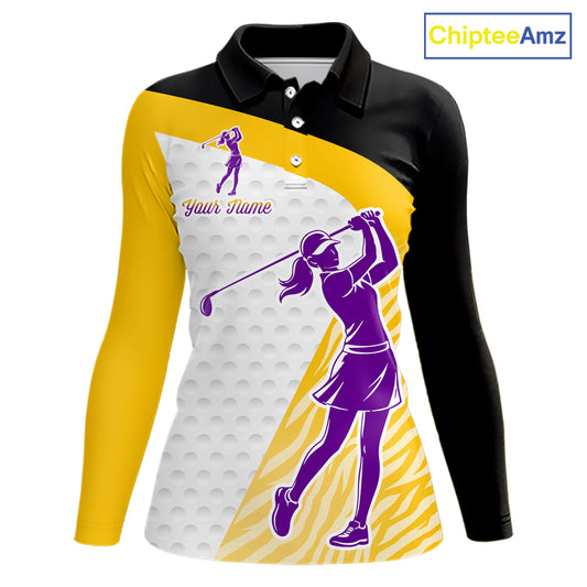 Yellow & Purple  Zebra Pattern Womens Golf Polo Shirts Custom Name Gift For Golf Lovers NBT583