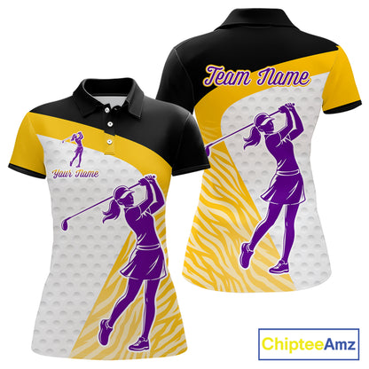 Yellow & Purple  Zebra Pattern Womens Golf Polo Shirts Custom Name Gift For Golf Lovers NBT583