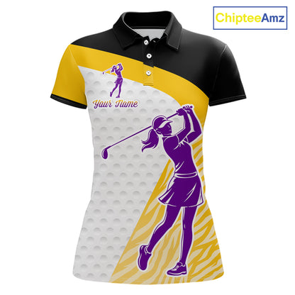 Yellow & Purple  Zebra Pattern Womens Golf Polo Shirts Custom Name Gift For Golf Lovers NBT583