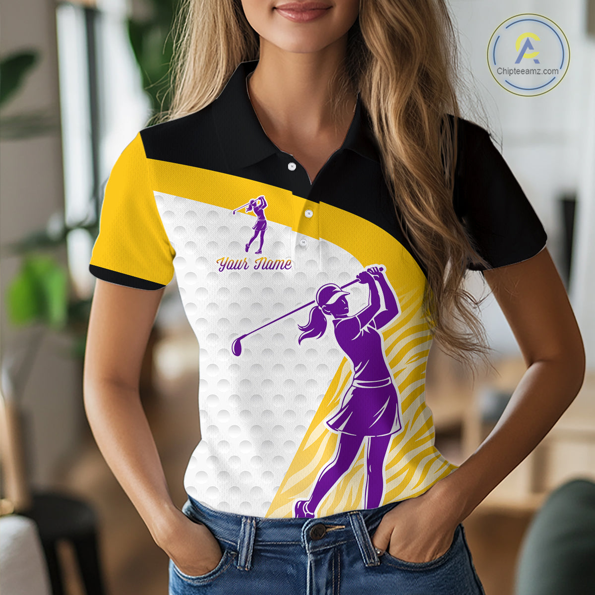 Yellow & Purple  Zebra Pattern Womens Golf Polo Shirts Custom Name Gift For Golf Lovers NBT583