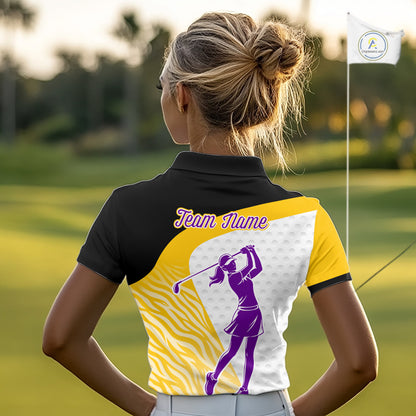 Yellow & Purple  Zebra Pattern Womens Golf Polo Shirts Custom Name Gift For Golf Lovers NBT583