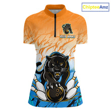 Load image into Gallery viewer, Custom Orange And Blue Leopard Bowling Women Polo &amp; 1/4 Quarter Zip Shirt, Bowling League Team Shirt NBT889