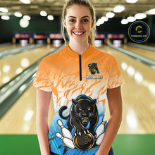 Load image into Gallery viewer, Custom Orange And Blue Leopard Bowling Women Polo &amp; 1/4 Quarter Zip Shirt, Bowling League Team Shirt NBT889