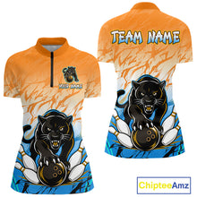 Load image into Gallery viewer, Custom Orange And Blue Leopard Bowling Women Polo &amp; 1/4 Quarter Zip Shirt, Bowling League Team Shirt NBT889
