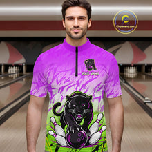 Load image into Gallery viewer, Custom Purple And Green Leopard Bowling Men Polo &amp; 1/4 Quarter Zip Shirt, Bowling League Team Shirt NBT890