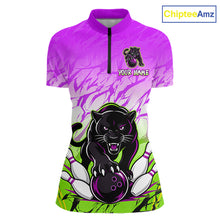 Load image into Gallery viewer, Custom Purple And Green Leopard Bowling Women Polo &amp; 1/4 Quarter Zip Shirt, Bowling League Team Shirt NBT890