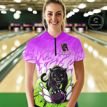 Load image into Gallery viewer, Custom Purple And Green Leopard Bowling Women Polo &amp; 1/4 Quarter Zip Shirt, Bowling League Team Shirt NBT890