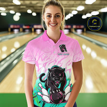Load image into Gallery viewer, Custom Pink And Turquoise Leopard Bowling Women Polo &amp; 1/4 Quarter Zip Shirt, Bowling League Team Shirt NBT891