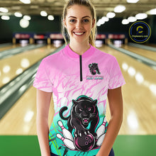 Load image into Gallery viewer, Custom Pink And Turquoise Leopard Bowling Women Polo &amp; 1/4 Quarter Zip Shirt, Bowling League Team Shirt NBT891