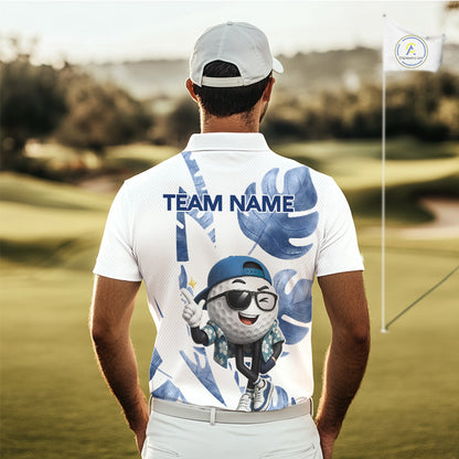 Funny Golf Ball Tropical Pattern Custom Mens Golf Polo Shirts, Golfing Gifts|Blue NBT708