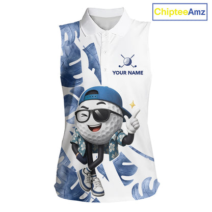 Funny Golf Ball Tropical Pattern Custom Womens Sleeveless Golf Polo Shirts, Golfing Gifts|Blue NBT708