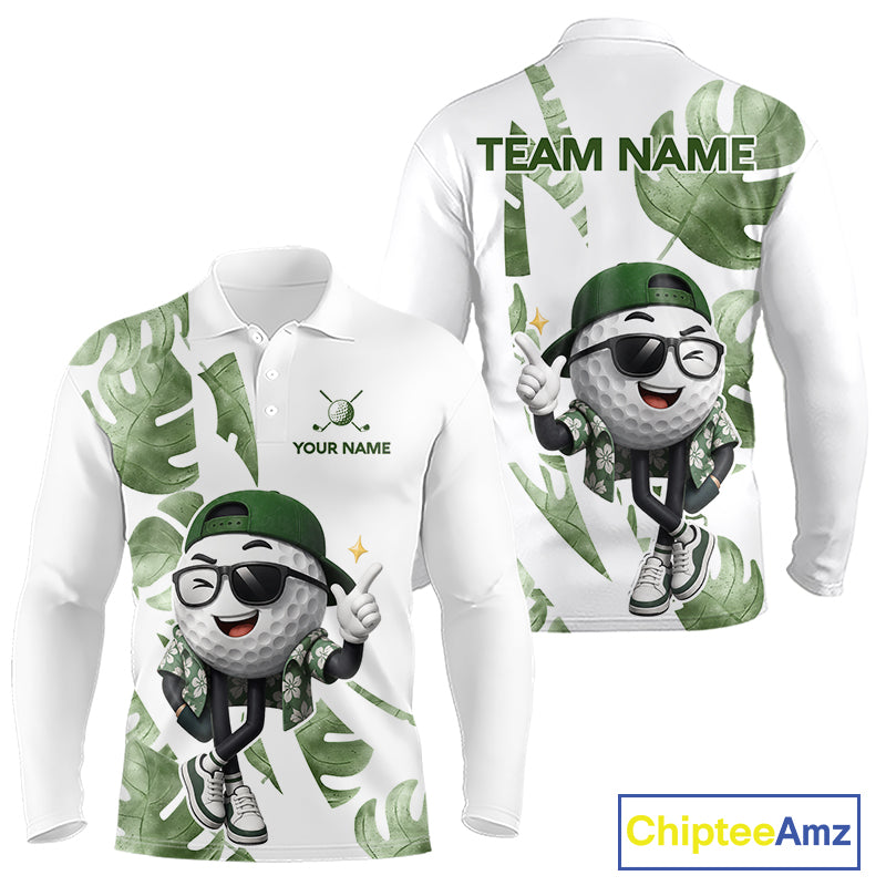 Funny Golf Ball Tropical Pattern Custom Mens Golf Polo Shirts, Golfing Gifts|Green NBT709