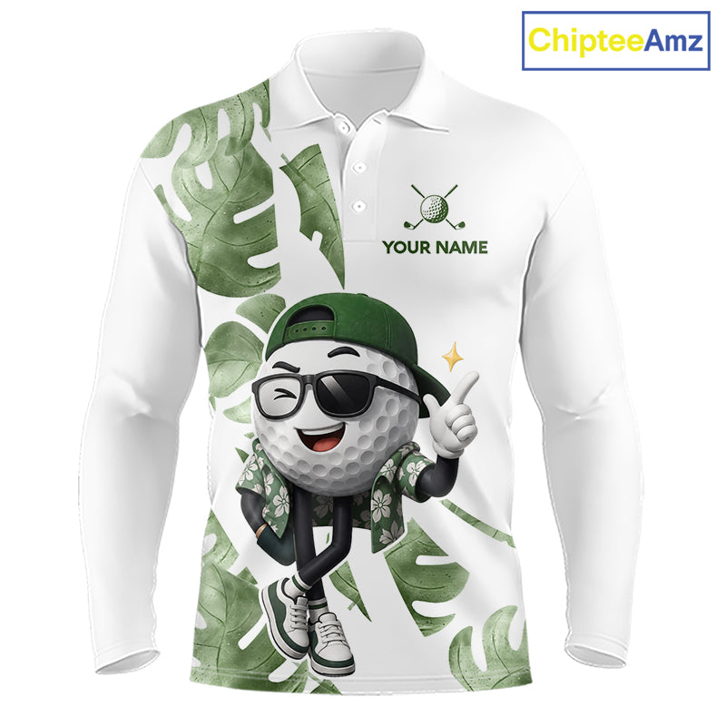 Funny Golf Ball Tropical Pattern Custom Mens Golf Polo Shirts, Golfing Gifts|Green NBT709