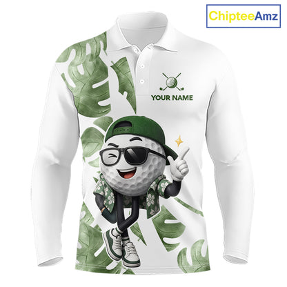 Funny Golf Ball Tropical Pattern Custom Mens Golf Polo Shirts, Golfing Gifts|Green NBT709