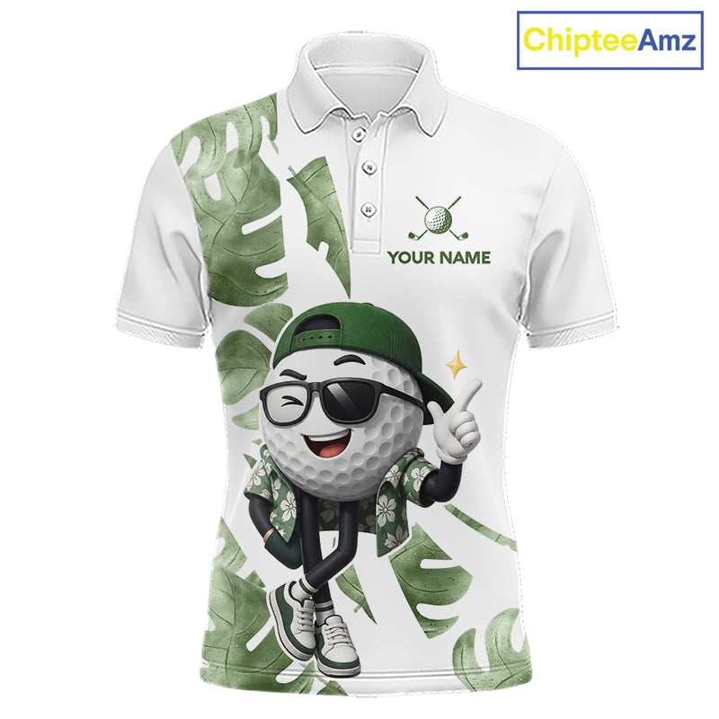 Funny Golf Ball Tropical Pattern Custom Mens Golf Polo Shirts, Golfing Gifts|Green NBT709