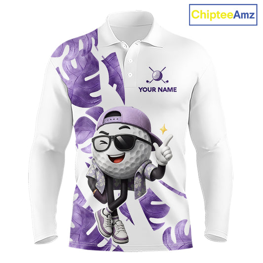 Funny Golf Ball Tropical Pattern Custom Mens Golf Polo Shirts, Golfing Gifts|Purple NBT710