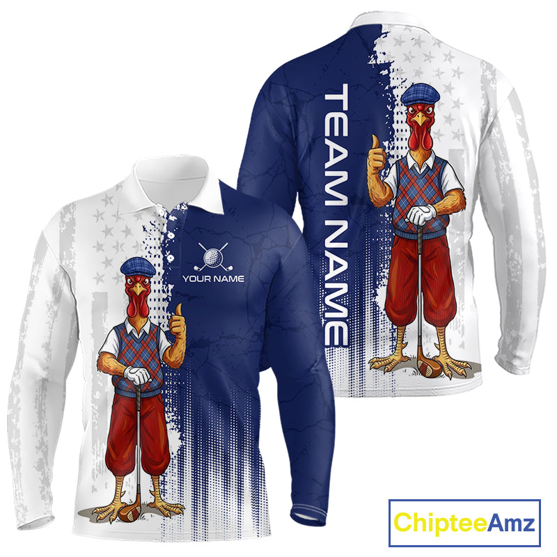 Front and back view of funny colorful rooster American Flag mens long sleeve golf polo shirt with personalized name