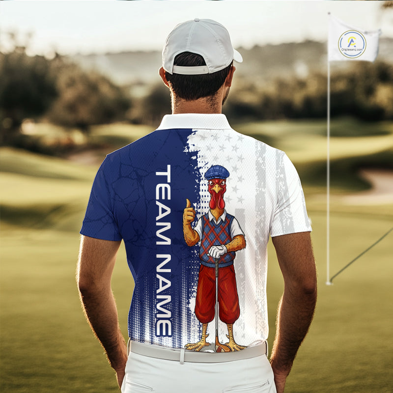 Man wearing Funny colorful rooster American Flag mens golf polo shirt with custom "team name" on a golf course
