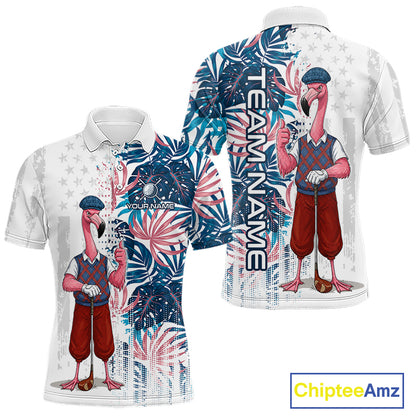 Front and back view of funny colorful rooster American Flag mens golf polo shirt with personalized name