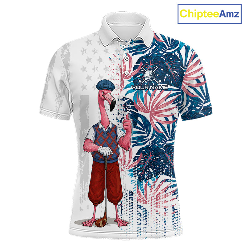 Front view of funny tropical flamingo American Flag mens golf polo shirt