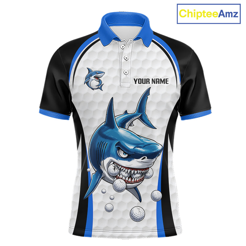Blue White Shark Pattern Mens Golf Polo Shirt Front View Custom Name