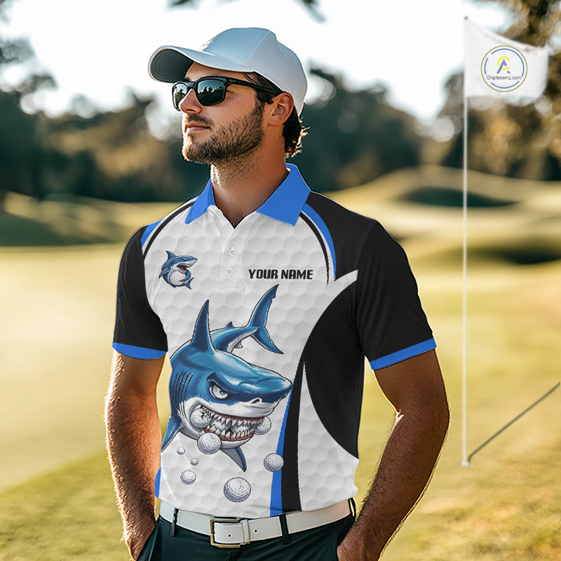 Man wearing Blue White Shark Pattern Mens Golf Polo Shirt Front View with Personalized Name on the chest