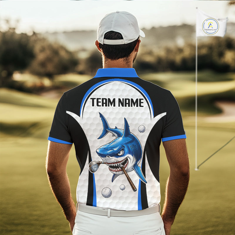 Man wearing Blue White Shark Pattern Mens Golf Polo Shirt Back View with custom team name on the back