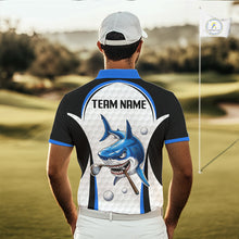 Load image into Gallery viewer, Man wearing Blue White Shark Pattern Mens Golf Polo Shirt Back View with custom team name on the back
