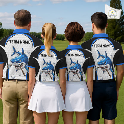 Team wearing Blue White Shark Pattern Mens Golf Polo Shirt Custom Team Name on the back