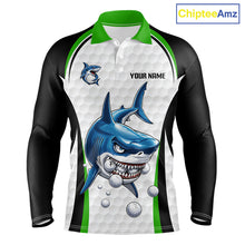 Load image into Gallery viewer, Green White Shark Pattern Mens Long Sleeve Golf Polo Shirt Front View Custom Name