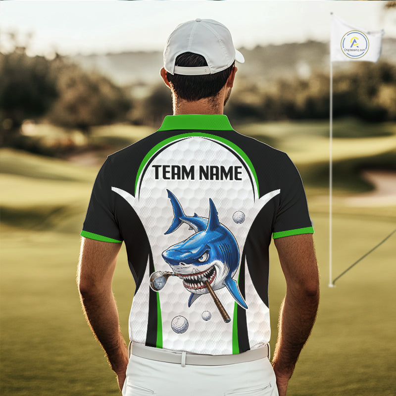 Man wearing Green White Shark Pattern Mens Golf Polo Shirt Back View with custom team name on the back
