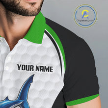 Load image into Gallery viewer, Green White Shark Pattern Mens Golf Polo Shirt Detail View Funny Shark Design