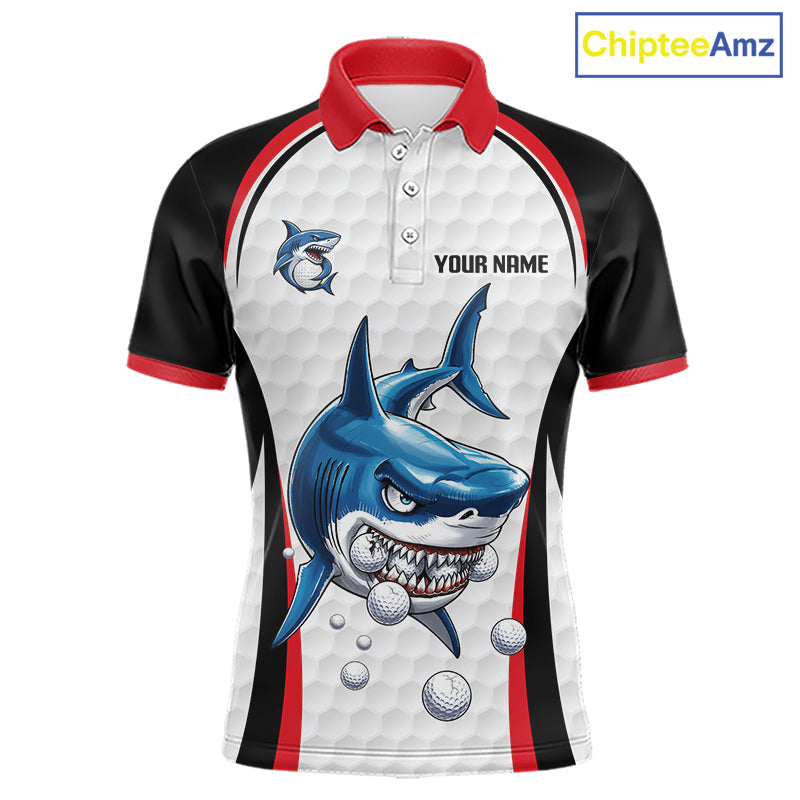 Red White Shark Pattern Mens Golf Polo Shirt Front View Custom Name