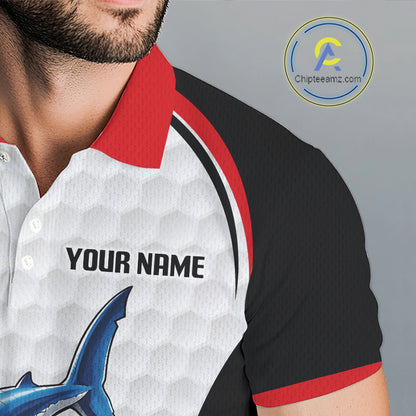 Red White Shark Pattern Mens Golf Polo Shirt Detail View Funny Shark Design