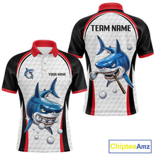 Load image into Gallery viewer, Red White Shark Pattern Mens Golf Polo Shirt Front and Back View Custom Name Custom Team Name