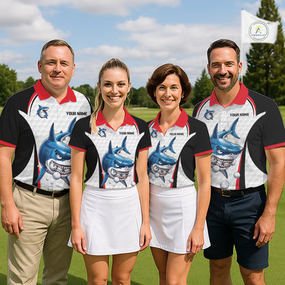 Team wearing Red White Shark Pattern Mens Golf Polo Shirt Custom Name and Team Name
