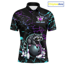 Load image into Gallery viewer, Neon Blue Purple Funny Raccoon Bowling Team Shirt Customized Bowling League Polo &amp; 1/4 Zip Gift For Men NBT893